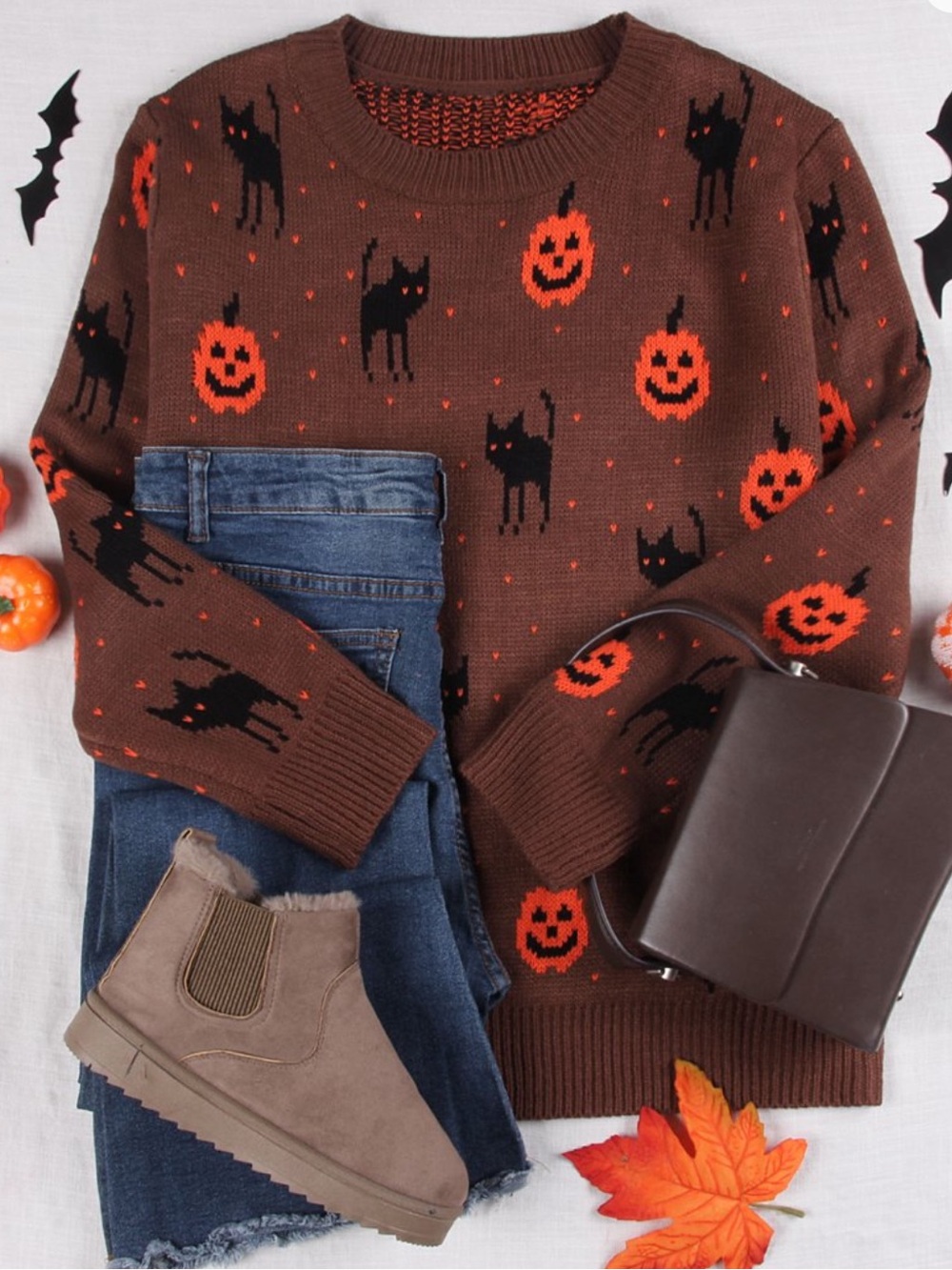 Brown Crewneck Sweater with Halloween Pumpkin & Cat Motif